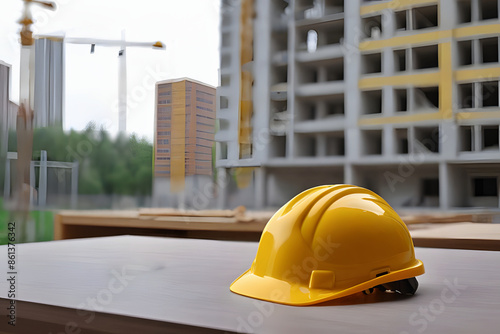 Helmet on the table, work background, Labor Day ai generated. photo