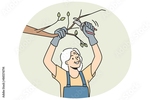 Old woman in uniform cutting branches on tree in garden. Smiling mature pensioner gardening take care of trees. Horticulture and elderly hobby. Vector illustration.