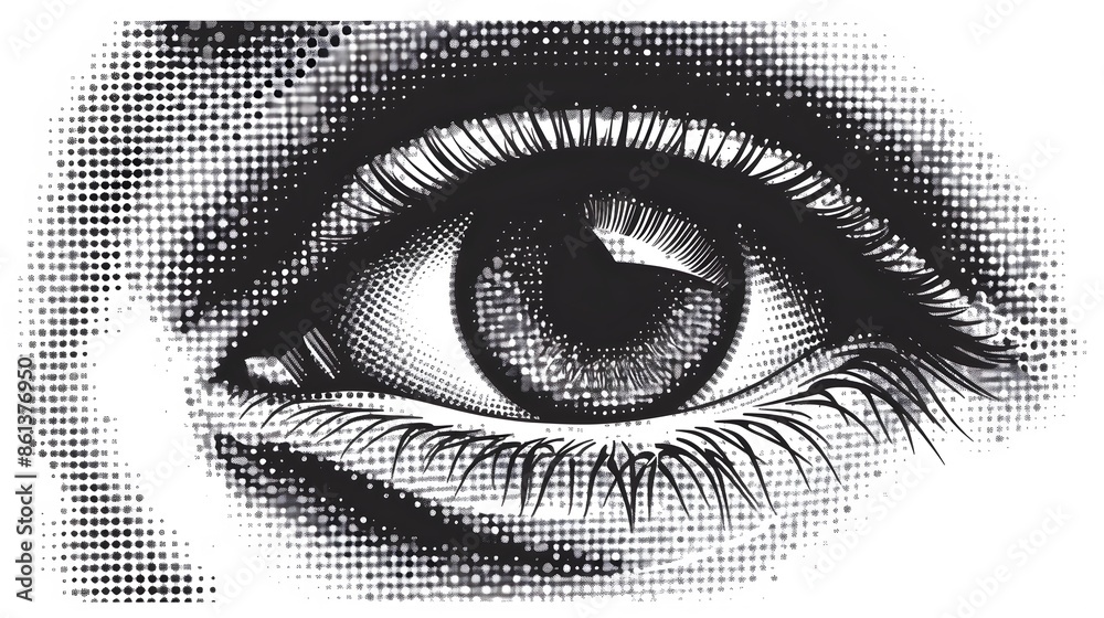 Obraz premium An abstract illustration of an eye rendered in halftone style, showing detailed textures and artistic shading.