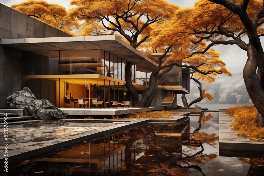 Naklejka premium Modern glass-walled house.
