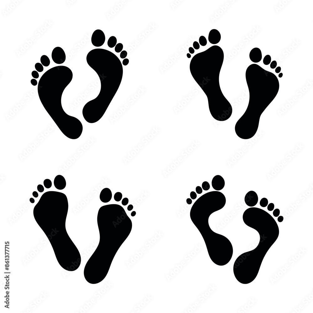 Footprint black silhouette set on white background. Vector human footprints icons collection Footprint black silhouette set on white background. Vector human footprints icons collection