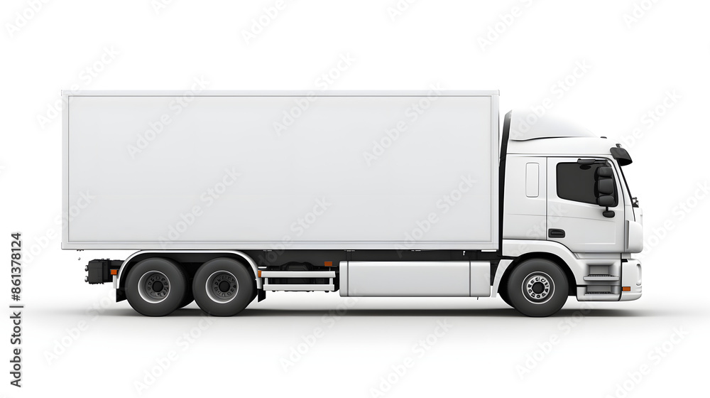 Side view of white delivery truck isolated on white background The truck has large cargo area, suitable for transporting goods and materials Ideal for logistics, transportation, delivery services Side view of white delivery truck isolated on white background The truck has large cargo area, suitable for transporting goods and materials Ideal for logistics, transportation, delivery services