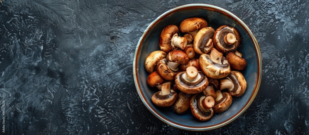 Top view of a bowl with delectable marinated mushrooms on a dark table, featuring copy space image.