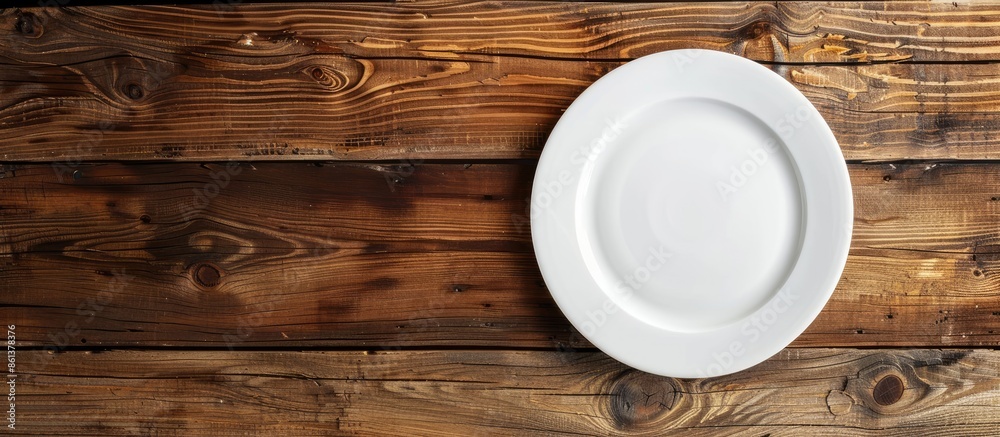 Wooden kitchen table displaying an empty white plate with copy space image. Wooden kitchen table displaying an empty white plate with copy space image.