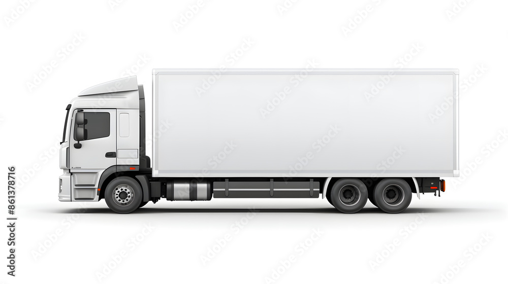 Side view of white delivery truck isolated on white background The truck has large cargo area, suitable for transporting goods and materials Ideal for logistics, transportation, delivery services Side view of white delivery truck isolated on white background The truck has large cargo area, suitable for transporting goods and materials Ideal for logistics, transportation, delivery services