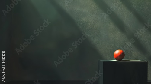 A lone fruit rests on a plinth bathed in a spotlight and rendered in a hyperrealistic style with abstract elements