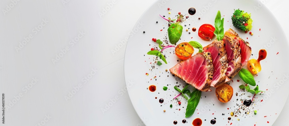 A succulent tuna steak with veggies plated on a white background for a restaurant menu, seafood-themed image with room for text. copy space available A succulent tuna steak with veggies plated on a white background for a restaurant menu, seafood-themed image with room for text. copy space available