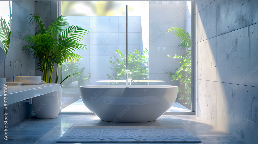 Bathroom interior decorated with green plants. Modern comfortable bathroom Bathroom interior decorated with green plants. Modern comfortable bathroom