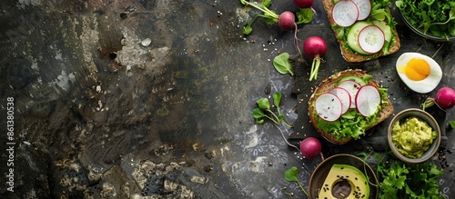 Breakfast menu featuring healthy food with sandwiches filled with vegetables like radish, cucumber, avocado, and eggs on a diet-friendly background. Top view image with space for text