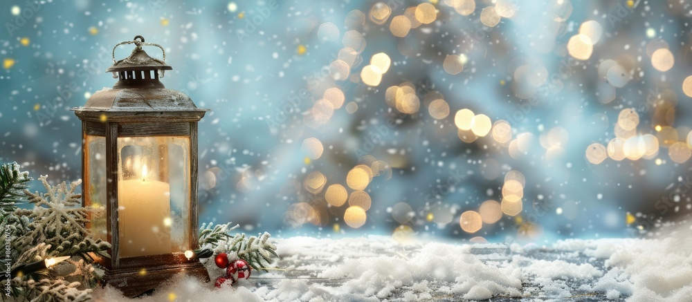A festive scene featuring a wooden Christmas lantern set on snowy flooring in a decorated room, ideal for a copy space image. A festive scene featuring a wooden Christmas lantern set on snowy flooring in a decorated room, ideal for a copy space image.
