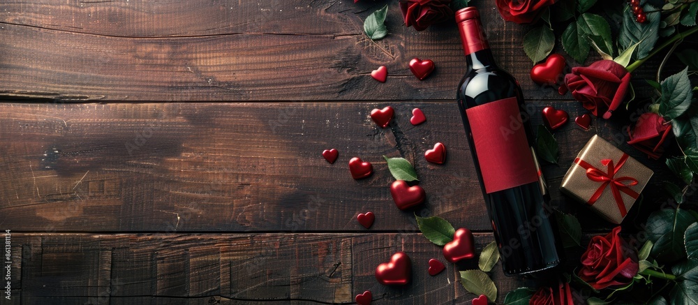 Fototapeta premium Valentine's Day celebration with items like a bottle of wine, roses, hearts, and a gift on a wooden background with copy space image.