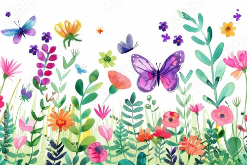 Colorful watercolor flowers and butterflies illustration, perfect for spring and summer themes, gardening projects, and nature designs.