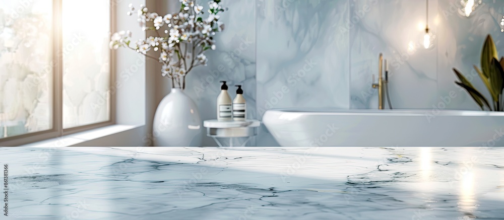 © Gular - A bare marble table background with a blurry bathroom interior for displaying products in a montage with copy space image.