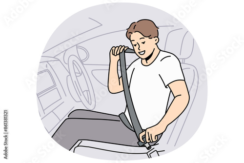 Smiling man putting protection belt sitting in car. Happy guy fasten seatbelt in automobile. Safety on road. Vector illustration.