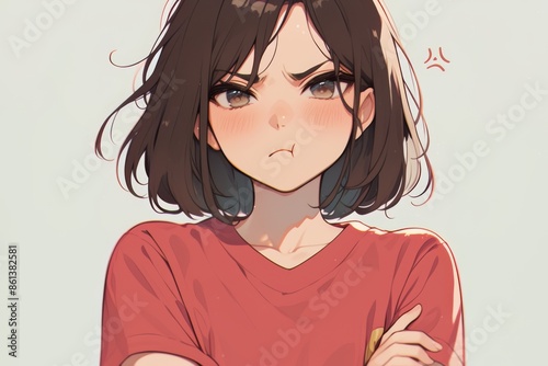 Anime girl with a slight pout, arms crossed and a playfully annoyed expression 