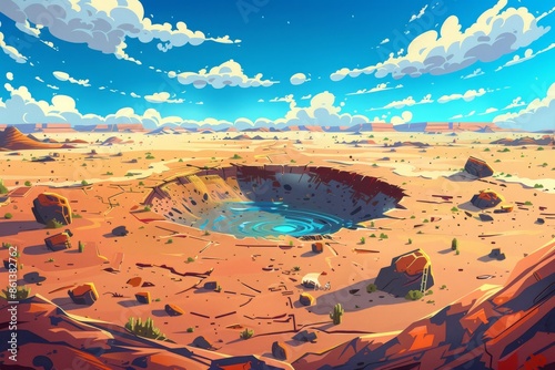 Pixel art depiction of a mysterious desert sinkhole with vibrant blue water at its core -Concept of natural phenomena and exploration in digital landscapes. photo
