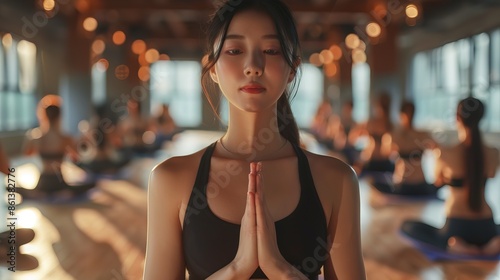 Group of korean hot woman doing yoga class, fit six pack woman, health concept photo