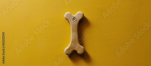 Bone-shaped golden pet tag on a yellow surface for text, shot from above with copy space image available. photo