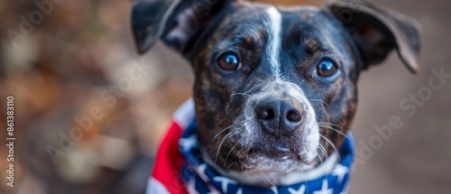 A close-up portrait of a black and white dog wearing a red, white, and blue bandana. photo
