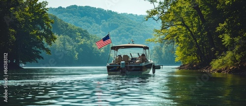 A boat with people on board navigates a serene lake surrounded by lush greenery.