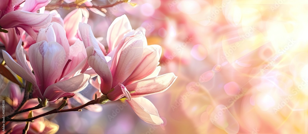Magnolia blossom on branch with soft pink petals set against a bright spring garden backdrop with copy space image. Magnolia blossom on branch with soft pink petals set against a bright spring garden backdrop with copy space image.