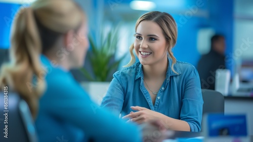 Two women in a professional office setting, engaging in a lively conversation, both smiling.