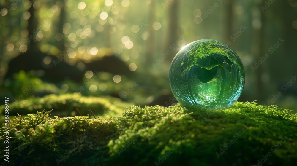 A transparent sphere lies on moss-covered ground, reflecting the vibrant surrounding forest, creating a serene and tranquil natural atmosphere. A transparent sphere lies on moss-covered ground, reflecting the vibrant surrounding forest, creating a serene and tranquil natural atmosphere.