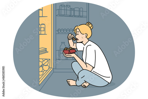 Woman sit on floor near fridge eating at night. Hungry girl near refrigerator suffer from eating disorder. Diet and nutrition problem. Vector illustration.