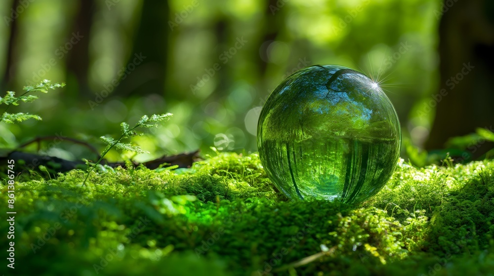 A clear green glass sphere is placed on a lush, vibrant green bed of moss in a sunlit forest, with trees blurred in the background. A clear green glass sphere is placed on a lush, vibrant green bed of moss in a sunlit forest, with trees blurred in the background.
