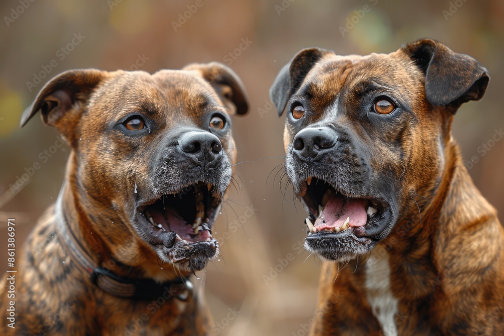 This image features two dogs with their mouths open as if barking, set in a picturesque natural background, capturing a moment of canine interaction. This image features two dogs with their mouths open as if barking, set in a picturesque natural background, capturing a moment of canine interaction.
