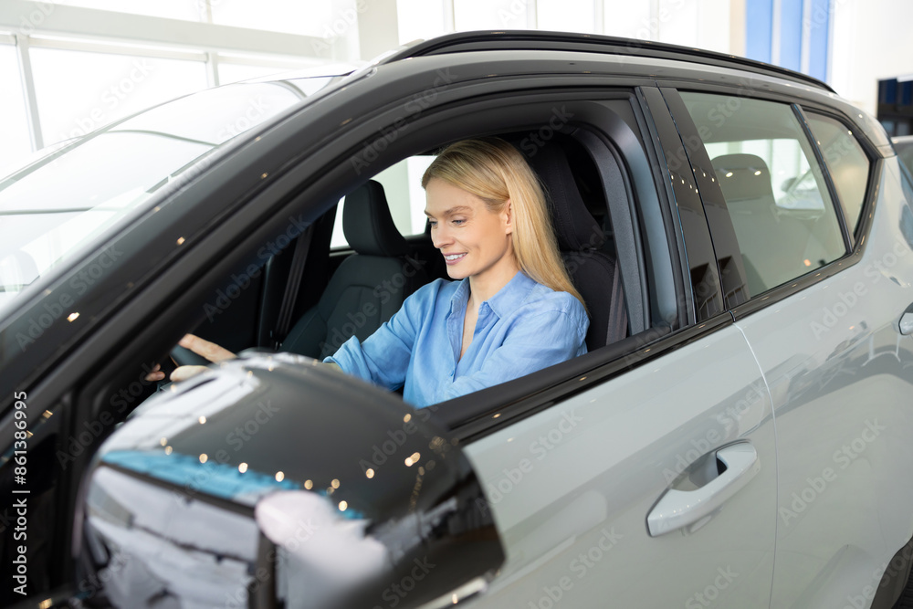 Waist up of a smiling woman sitting in a car Waist up of a smiling woman sitting in a car