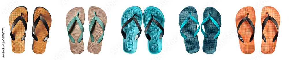 Collection of rubber sandals flip-flops isolated on a transparent background, summer, cut out, top view, PNG Collection of rubber sandals flip-flops isolated on a transparent background, summer, cut out, top view, PNG