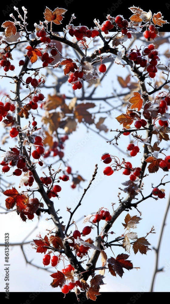Heart shaped red berries on a tree, representing love and nature, vibrant outdoor photography Heart shaped red berries on a tree, representing love and nature, vibrant outdoor photography