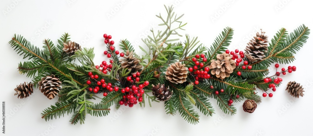 Top view of a festive New Year's arrangement on a white background featuring evergreen branches, red berries, and pine cones. Ideal for a nature-themed copy space image. Top view of a festive New Year's arrangement on a white background featuring evergreen branches, red berries, and pine cones. Ideal for a nature-themed copy space image.