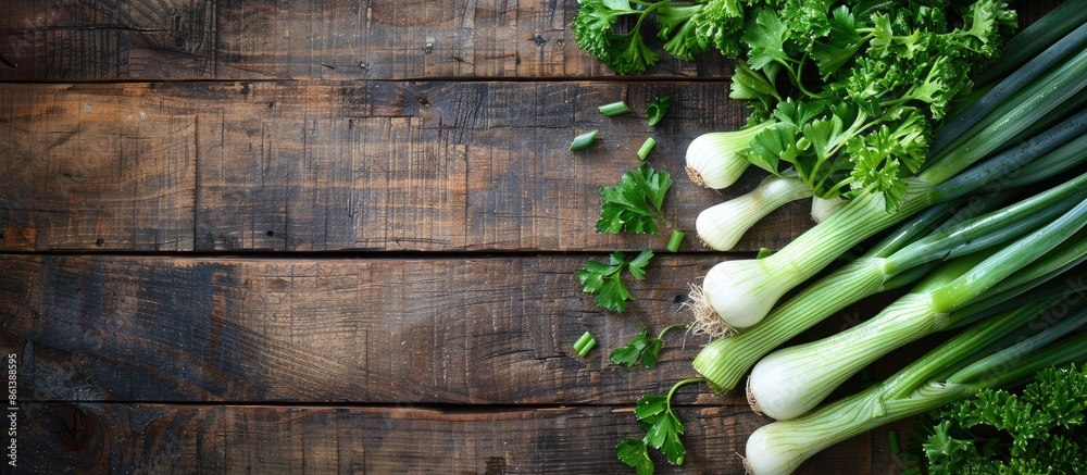 A top-down shot showing green onion, leek, and parsley on a wooden table, illustrating the concept of healthy eating with copy space image available.