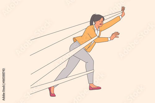 Business woman is trying to get rid of shackles fetter body and prevent from moving forward