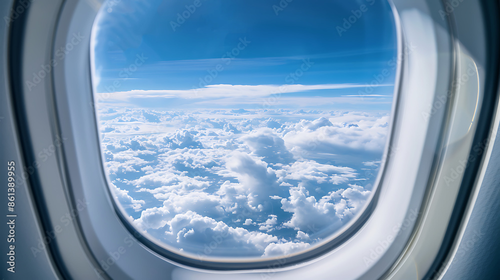 View of the blue sky from the inside of the plane window. Beautiful sky with cumulus clouds. AI generated View of the blue sky from the inside of the plane window. Beautiful sky with cumulus clouds. AI generated