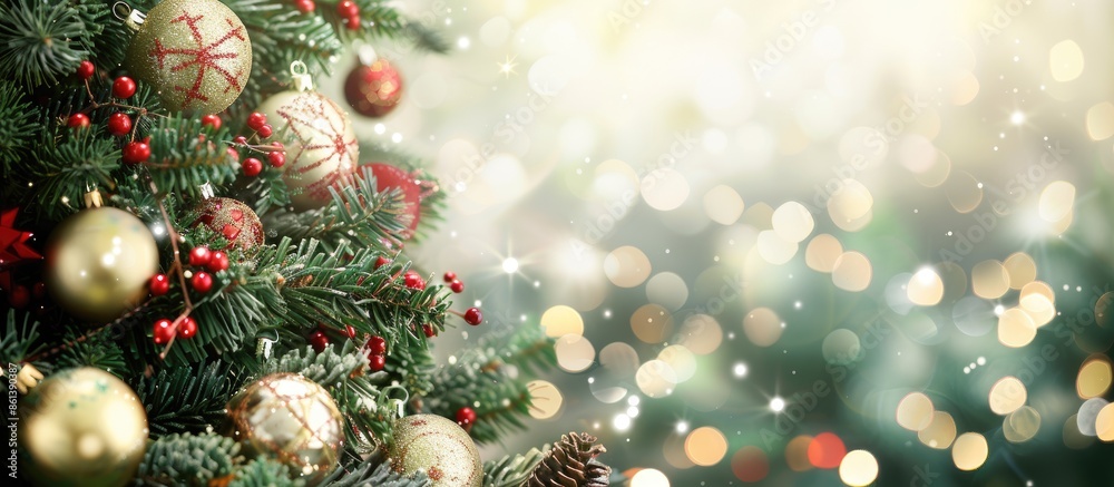 Christmas tree adorned with ornaments and garlands in a modern design. Ideal for Christmas or New Year greetings. Perfect copy space image for winter holidays. Christmas tree adorned with ornaments and garlands in a modern design. Ideal for Christmas or New Year greetings. Perfect copy space image for winter holidays.