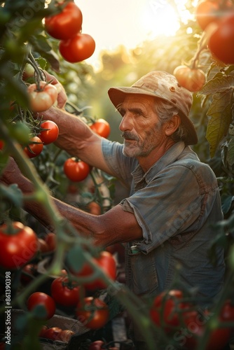 Farmer harvesting tomatoes Generative AI © València