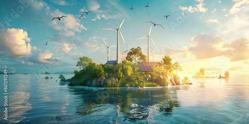 A picturesque sky island with windmills and solar panels generating renewable energy. Concept Renewable Energy, Sky Island, Windmills, Solar Panels, Sustainable Living photo