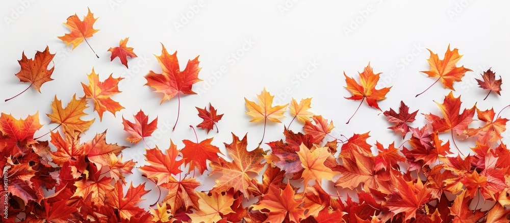 Top-down view of vibrant autumn maple leaves scattered on a blank white backdrop, creating a border design with a designated copy space image. Top-down view of vibrant autumn maple leaves scattered on a blank white backdrop, creating a border design with a designated copy space image.