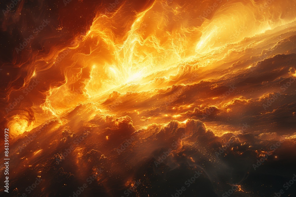A stunning image showcasing a fiery celestial event, marked by luminous golden swirls and vibrant energy flows cascading through an ethereal space landscape.