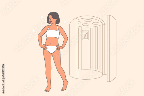 Woman leaves solarium at SPA center, having enjoyed procedure with ultraviolet rays