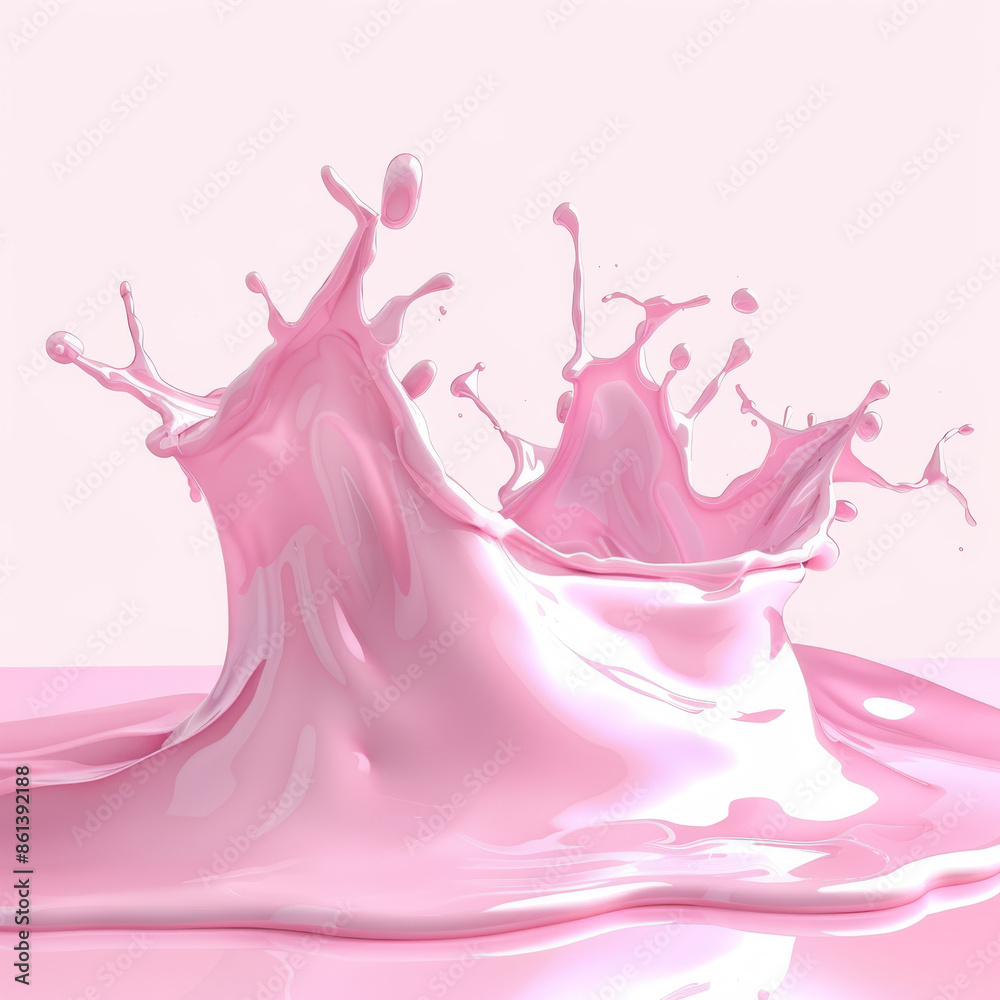 Two dynamic splashes of pink liquid, resembling yogurt, isolated on a white background. The illustration features realistic 3D effects to capture the fluid motion Two dynamic splashes of pink liquid, resembling yogurt, isolated on a white background. The illustration features realistic 3D effects to capture the fluid motion
