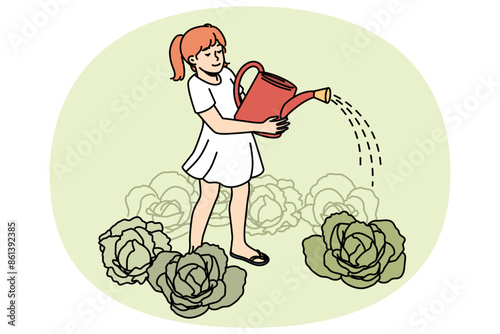 Smiling little girl with can watering vegetables in garden. Happy child take care of cabbage in backyard. Gardening and hobby. Vector illustration.