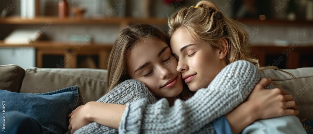 Compassionate young mother comforting depressed sad teen girl, hugging daughter with love, care, speaking, giving sympathy, advice, support, holding kids hand, sitting on home couch Compassionate young mother comforting depressed sad teen girl, hugging daughter with love, care, speaking, giving sympathy, advice, support, holding kids hand, sitting on home couch