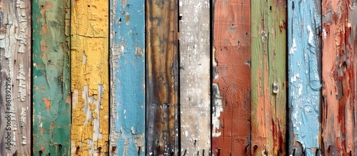 Weathered wooden fence with peeling paint displaying a variety of colors against a backdrop with copy space image. © Gular