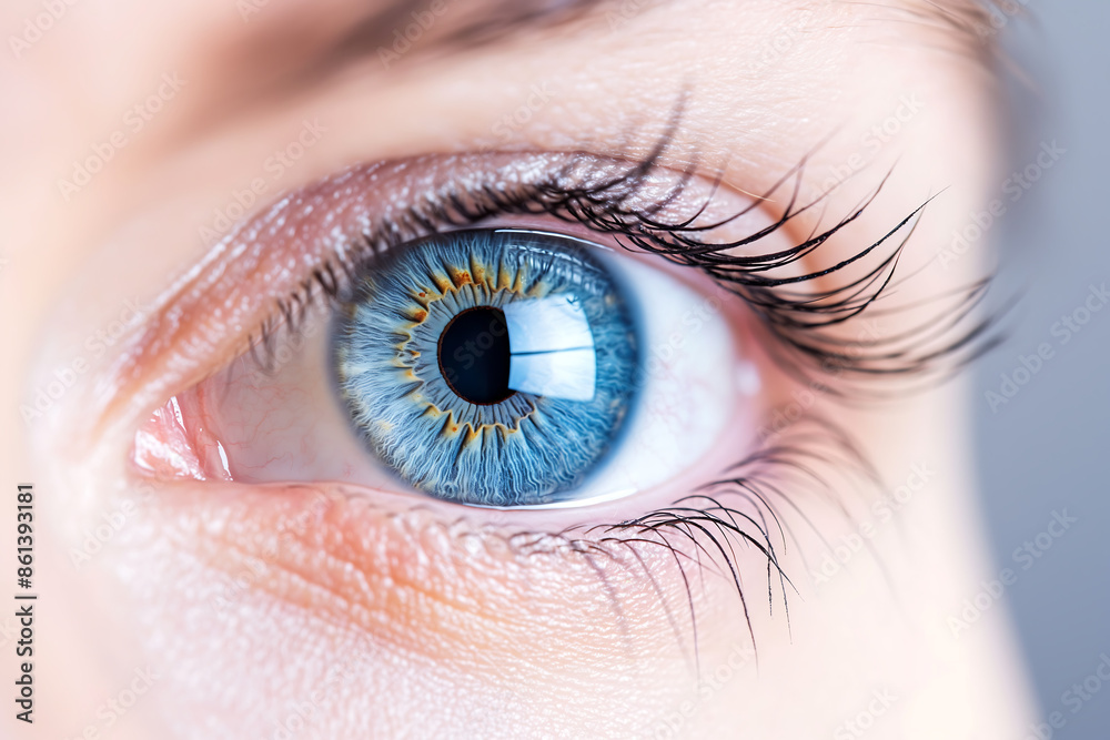 Fototapeta premium Close-up of a blue eye with detailed iris pattern human vision clarity beauty optical health focus eyelashes natural eye color