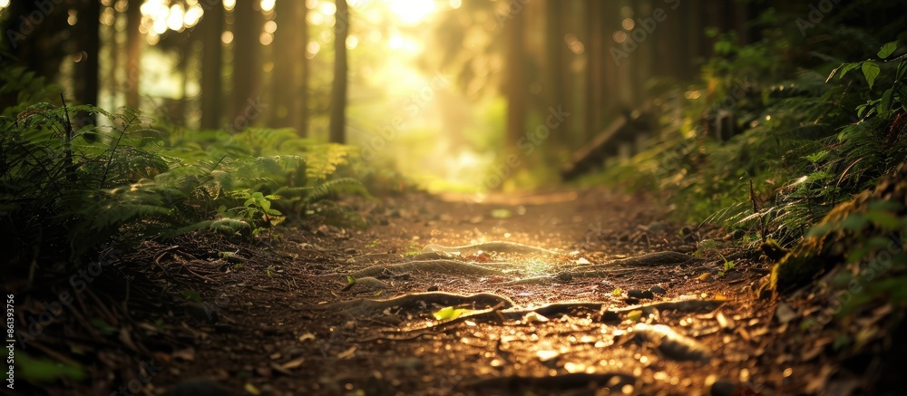 Obraz premium Explore the enchanting Moody Woods hiking trail in a photo with blurred areas and room for text or images (Copy Space Image).