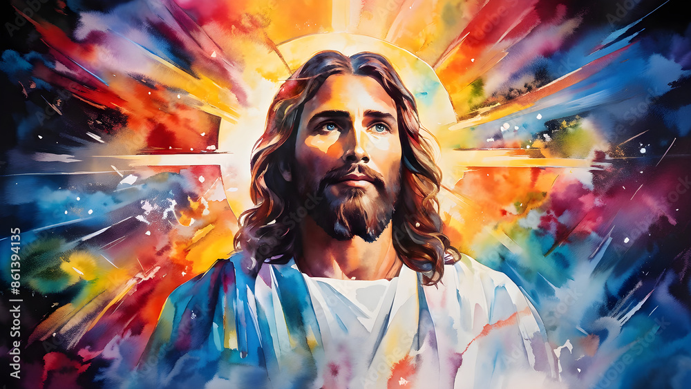 Obraz premium Abstract colorful art watercolor painting of Jesus Christ, praying to God, heaven and salvation, faith and love, easter, New Testament, Biblical theme concept 